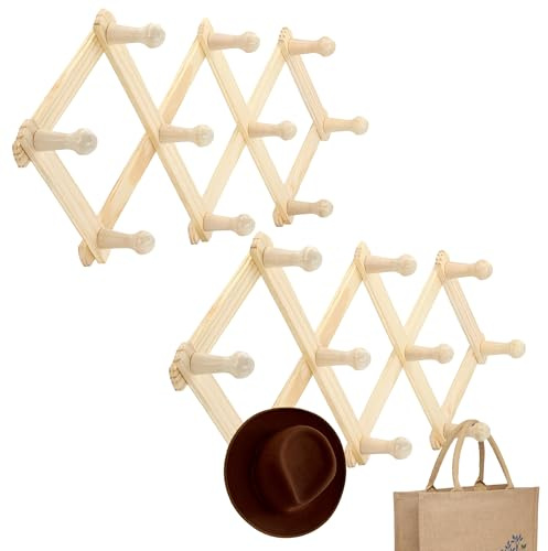 RAM-PRO Accordion Style Wood Expandable Rack Hat, Cap, Belt, Umbrella Coffee Mug Wall wooden Pegs (Set of 2)