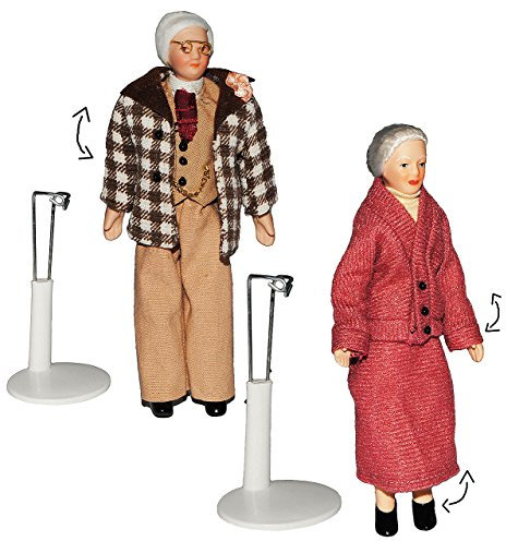 alles-meine.de GmbH 2 Set: Großelterm - Oma + Opa - Puppe für Puppenstube - Maßstab 1:12 - Porzellan mit echten Haaren incl. Ständer - Biegepuppen Familie Biegepuppe Nostalgie Po..