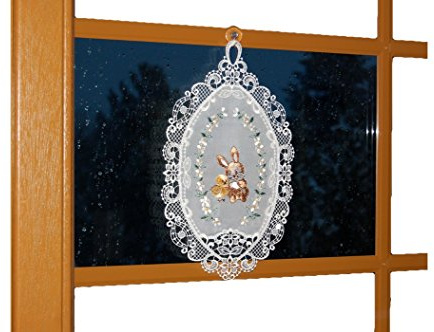 Plauener Spitze Entzückendes Fensterbild Voile OSTERN Osterhase Küken Gestickt 20x34 cm + Saugnapf/Made in Germany