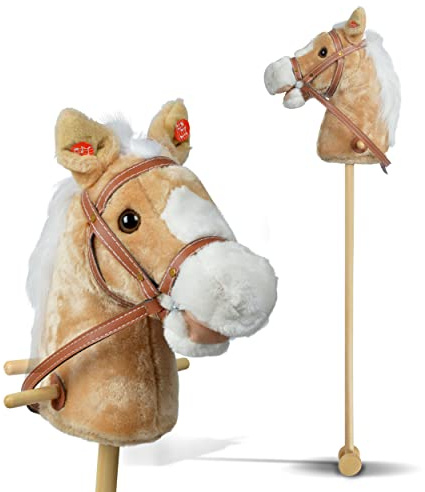 Pink Papaya Cavalluccio con Bastone, Goldy, splendido Cavallo Giocattolo di Peluche con Funzione Sonora: nitrito e Suono del Galoppo - Colore: Beige con criniera bionda