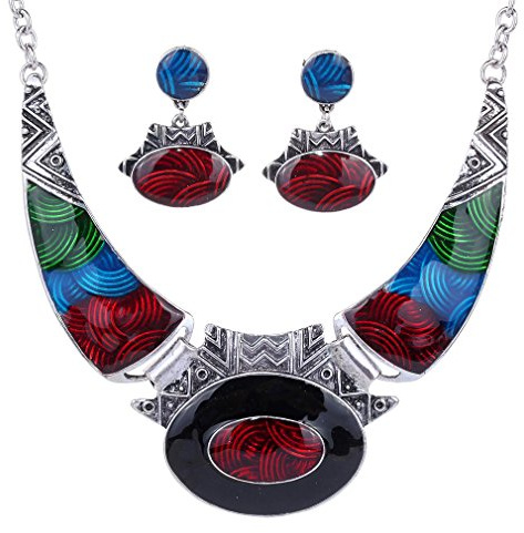 YAZILIND Ethnic Multicolor Embossed Oval Gangle Bib Collar Earrings Necklace Jewelry Set