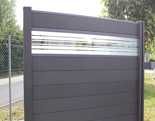 WPC/BPC Sichtschutzzaun dark grey 3 Zäune inkl. 4 Pfosten und Motivverglasung Sichtschutz Gartenzaun Zaun terrasso