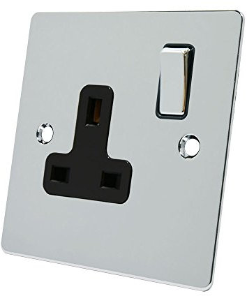 Alliance Electrical FPC1GSOCBC Polished Chrome Flat Black Insert Metal Rocker Switch-13 Amp Single 1-Gang Plug Socket, 240 V