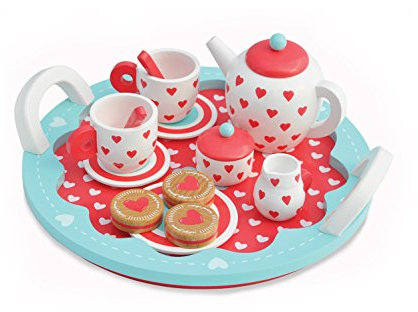 Indigo Jamm Wooden Tea Set, Pretend Play Tea Party Tray with 10 Tea Set Pieces and 3 Wooden Biscuits – Hearts