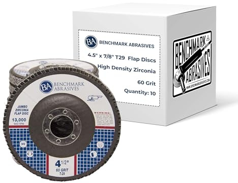 Benchmark Abrasives 4.5 x 7/8 Premium High Density Jumbo Zirconia Type 29 Flap Discs 4 1/2 for Angle Grinder, Sanding Discs, Finishing - Grinding Wheels 4 1/2 Inch (10 Pack) - 60 Grit