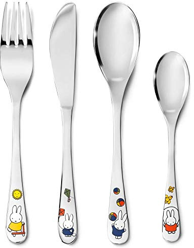 Sterngraf Miffy spielt Kinderbesteck MIT Gravur (z.B. Namen) 4tlg. ** Hersteller: Zilverstad ** inkl. Namensgravur auf der Rückseite ** Taufgeschenke für Mädchen & Jungen