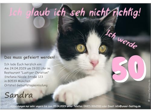 Unser-Festtag Einladungen zum Geburtstag, für jedes Alter möglich, lustig witzig 30 40 50 60 70 Text änderbar, 10 Karten, Katze