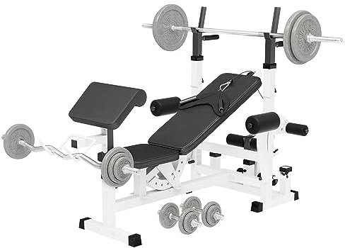 GORILLA SPORTS® Hantelbank mit Gewichten- inkl. 108 kg Hantelset, Verstellbar, mit Langhantel-Ablage, Curlpult und Butterfly, Dip-Station, Beinstrecker - Multifunktion Trainingsbank, Kraftstation