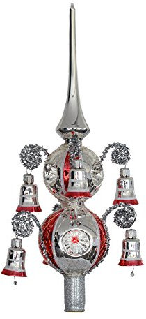 Thüringer Weihnacht 52-055 Weihnachtsbaumspitze mit 6+7 cm Kugeln, 6 Reflex, umsponnen mit 6 Glöckchen, Silber mit roten Streifen