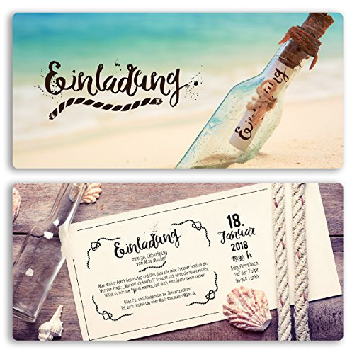 (30 x) Einladungskarten Geburtstag Flaschenpost Strand Meer Vintage Einladungen