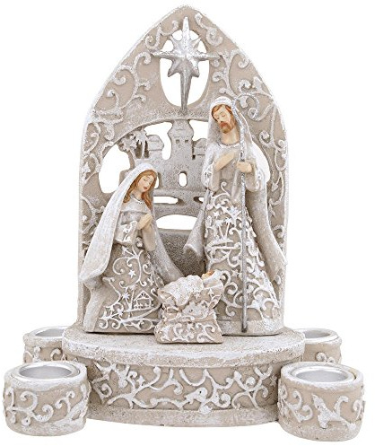 Holy Family Ivory Lace Nativity Scene 7 Inch Resin Dolomite Advent Candle Holder