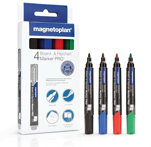 magnetoplan marqueur pour tableaux et paperboards PRO+, 4 pièces, marqueur polyvalent à pointe ogive en 4 couleurs vives, épaisseur de trait 1,5-3 mm, pour tableaux blancs et papier pour paperboards
