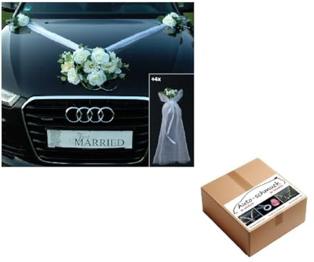 Autoschmuck Spitze STRAUß Auto Schmuck Braut Paar Rose Deko Dekoration Hochzeit Car Auto Wedding Deko PKW (SS GER Weiß)