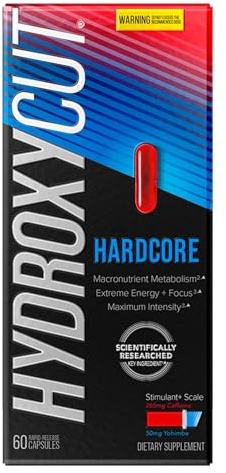 Hydroxycut Hardcore - Thermogenic Supplement - Energy & Metabolism Support - 265 mg Caffeine Anhydrous, 50 mg Yohimbe Extract - Rapid Release Capsules - for Men & Women - 60 Count
