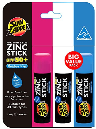 Sun Zapper Zinc Stick - Pink, White, Blue Face Sunblock SPF50+ Coloured Zinc Sunscreen Sticks Made in Australia