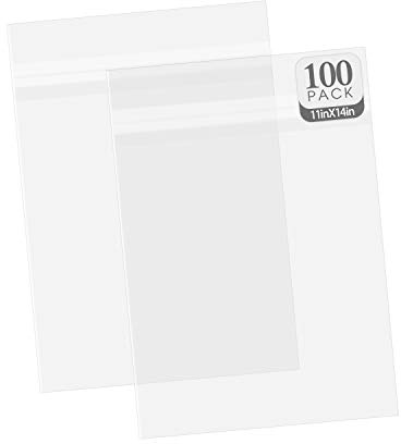 100 Pack Crystal Clear Sleeves Storage Bags for 11x14 Clothing, Prints, Photos, Documents (Bag Size: 11 3/8 X 14 3/16 inch)