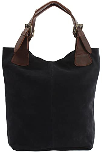 LECONI Henkeltasche Echt-Leder Wildleder Damentasche Handtasche für Damen Shopper für Freizeit, Büro oder Shopping Beuteltasche Frauen Ledertasche Veloursleder 34x35x10cm LE0033-V, Anthrazit / Braun,