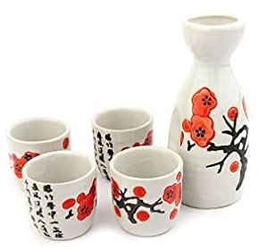 lachineuse - Servicio de Sake Flores de Cerezo - con 4 Cuencos & Jarra - Vasos de Sake Japoneses - Regalo Vajilla Asiática China - Servicio Sake Tradicional Porcelana Floral Japón - Blanco & Rojo