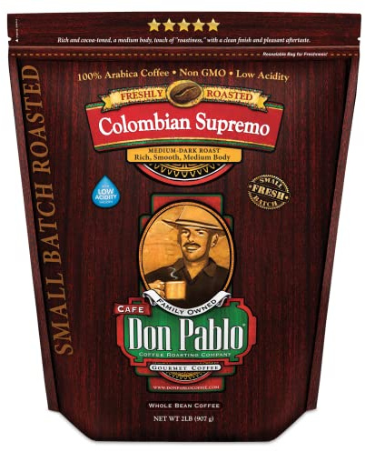 Don Pablo Colombian Supremo - Medium-Dark Roast Gourmet Coffee, 100% Arabica Whole Bean, Low Acidity, Non-GMO, 907g (2LB)