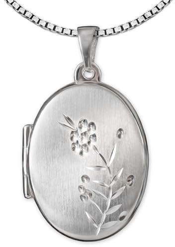 CLEVER SCHMUCK Damen Medaillon oval Silber zum Öffnen für 2 Fotos Anhänger 29 mm matt mit Blumenranke + Veneziakette 50 cm STERLING 925 im Luxus Etui