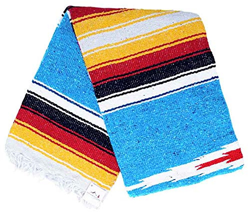 Open Road Goods Blue Diamond Mexican Yoga Blanket, Thick Serape with Red and Yellow Sunset Stripes - Handmade
