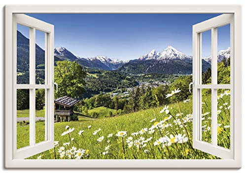 ARTLAND Wanddeko Leinwand Bilder Wandbild 130x90 cm Fensterblick Fenster Alpen Landschaft Berge Wald Gebirge Wiese Natur T5TQ