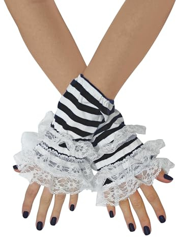 TrendandStylez Ringel Armstulpen Damen gestreift mit Spitze – Fingerlose Handschuhe als Kostüm Zubehör für Karneval & Fasching, Elegante Pulswärmer für Party & Gothic Outfits