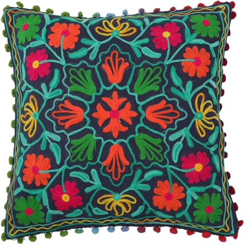 Guru-Shop Housse de Coussin Boho, Coussin Folklore Brodé Coloré à la Mexicaine - Bleu Colombe/orange, Ducoton, 40x40 cm, Coussin Décoratif Coussin de Canapé