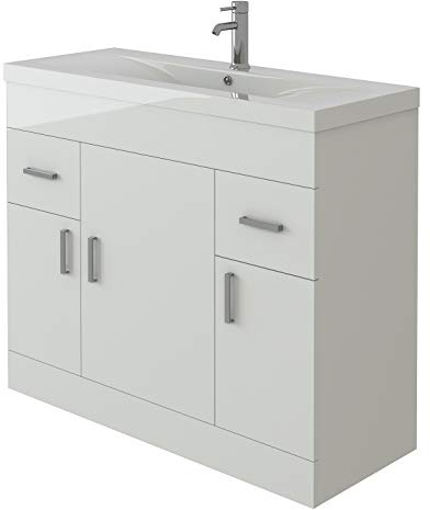 VeeBath EDGE1000 Sobek High Gloss White Free Standing Basin Vanity Cabinet Unit with Doors Drawers & Rectangular Sink-1000mm