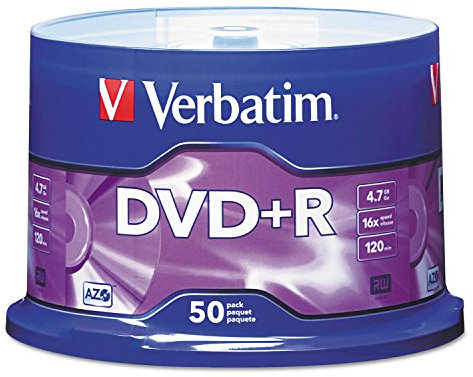 Verbatim DVD+R Blank Discs AZO Dye 4.7GB 16X Recordable Disc - 50 Discs Spindle,Silver