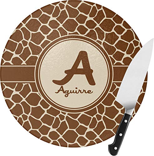 Personalized Giraffe Print Round Glass Cutting Board - Medium