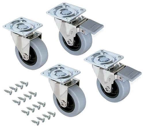 Emuca - Set aus 4 Lenkrollen für Möbel Ø75mm mit Anschraubplatte und Kugellager, schwenkrollen Gummi aus grau Farbe