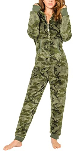 Eight 2 Nine Damen Teddyfleece Jumpsuit mit Kapuze und Öhrchen, Flauschiger Overall mit Daumenlöchern, kuschelig bequemer One-Piece für entspannte Stunden, schwarz, grau, rosa XS-XL Dark-Green S/M
