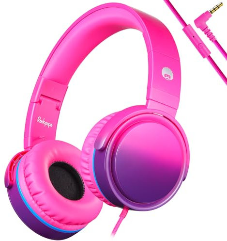 RockPapa Adjustable Stereo Headphones with Microphone 3.5mm, Gradient Pink