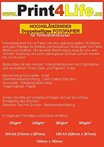 Print4Life 50 Blatt DIN A3 Fotopapier 240g /m² doppelseitig hochglänzend wasserfest lichtecht bis 9600 DPI bedruckbar Beidseitig beschichtet