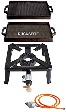 PaellaWorld 3030+3232+6601 Hockerkocher mit 8,5 kW Leistung, Abmessung 30 x 30 x 15 cm und Gusseisengrillplatte 32 x 32 cm inklusive Gasschlauch und Regler