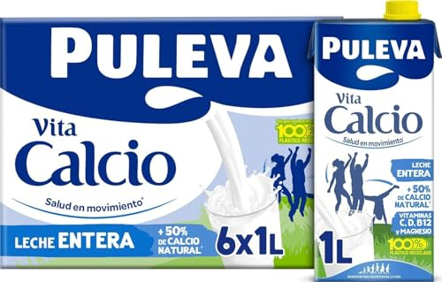 Puleva Calcio Leche Entera - Pack 6 x 1Lt | Leche entera enriquecida con calcio adicional y vitamina D. Cuida tus huesos. Pack 6 briks de 1 litro.