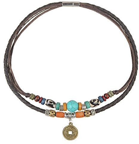 Boho Layered Leather Cord Necklace with Turquoise Bead and Vintage Coin Pendant – Adjustable Double Strand Choker Jewellery for Men and Women, 38 cm (15 inch)