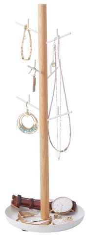 Yamazaki 2310 TOSCA Schmuckbaum, weiß, Stahl/Holz, Minimalistisches Design, 13 x 13 x 35,5 cm (LxBxH)