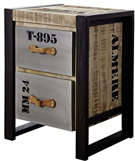 MASSIVMOEBEL24.DE | Factory Beistelltisch aus Massivholz #123 - Natur, Bedruckt | aus Mangoholz | Industrial-Stil | mit 2 Schubladen 45x40x60cm | Kleiner Tisch Couchtisch Sofatisch