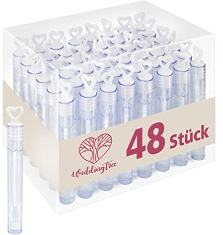 WeddingTree 48 Flacons à Bulle de Savon pour Mariage - Avec Tige en Forme de Coeur - Très mignon pour un Mariage, Baptême, Anniversaire, Noces d'or, Fiançailles, Saint Valentin, Fête - Blanc