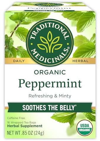 Traditional Medicinals Tè biologico alla menta piperita, aiuta a lenire la pancia da gas occasionali e gonfiori, kosher, non OGM, senza caffeina, compostabile, 16 bustine di tè