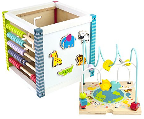 Leomark cubo multiattività in legno, educativo giocho per bambini per abilit motoria, attività per bambini a casa e a scuola, educativi interattivo giochi, giocattoli montessori 25x25x25cm