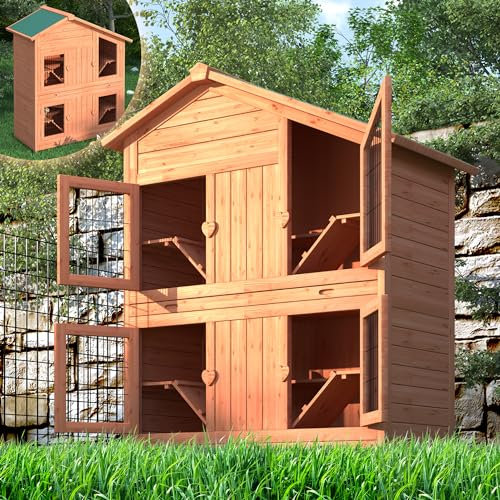 Melko Hasenstall aus Holz Kleintierhaus 4 Etagen 113 x 128 x 55 cm braun, inkl 4 Rampen Kaninchenstall Hasenkäfig Kotschublade Bitumendach