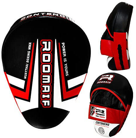 ROOMAIF Leder Handpratzen Pratze Boxen Schlagpolster Boxtraining Pratzen Pads Leather Focus Pads DE (Schwarz Rot)