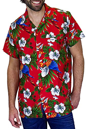 V.H.O. Funkig Hawaii-skjorta, för män, storlek XS–12XL, kortärmad, framficka, Hawaiitryck, körsbär, papegojor, blomma, S