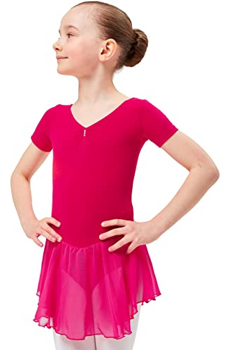 tanzmuster ® Ballettkleid Mädchen Kurzarm - Betty - aus Baumwolle mit Glitzersteinen und Chiffon Röckchen in pink, Größe:140/146