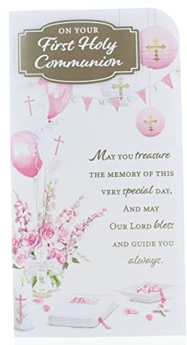First Holy Communion Greeting Card - Pink Flowers Balloons Gold Foil 8.75x4