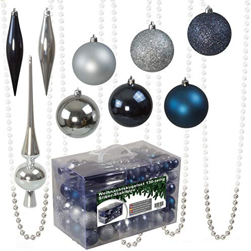 Julido Weihnachtskugeln Kunststoff 130 Stück, Christbaumkugeln Silber und Stahlblau, Weihnachtsbaum Deko glänzend, glitzernd und matt