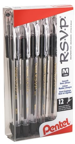 Pentel RSVP Ballpoint Pen, (1.0mm), Medium Line, Black Ink, 12 Pack (BK91PC12A)